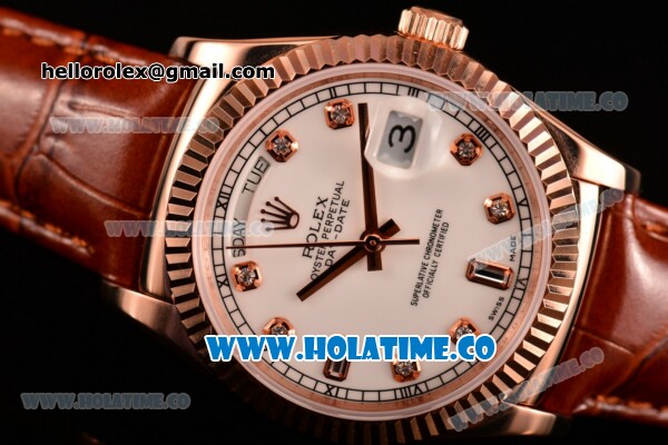 Rolex Day-Date Asia 2813/Swiss ETA 2836/Clone Rolex 3135 Automatic Rose Gold Case with Diamonds Markers and White Dial (BP) - Click Image to Close
